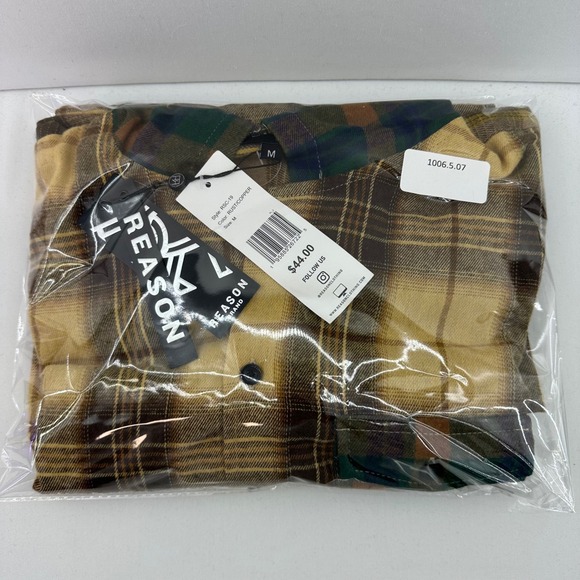 REASON Rustic Copper Plaid Hooded Shirt Jacket Mens‎ Size M Button Up Flannel - Picture 12 of 12